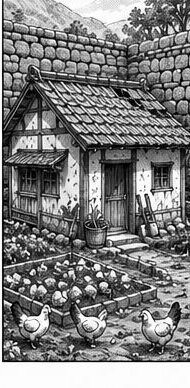 La casa de Yota, con el huerto y las gallinas